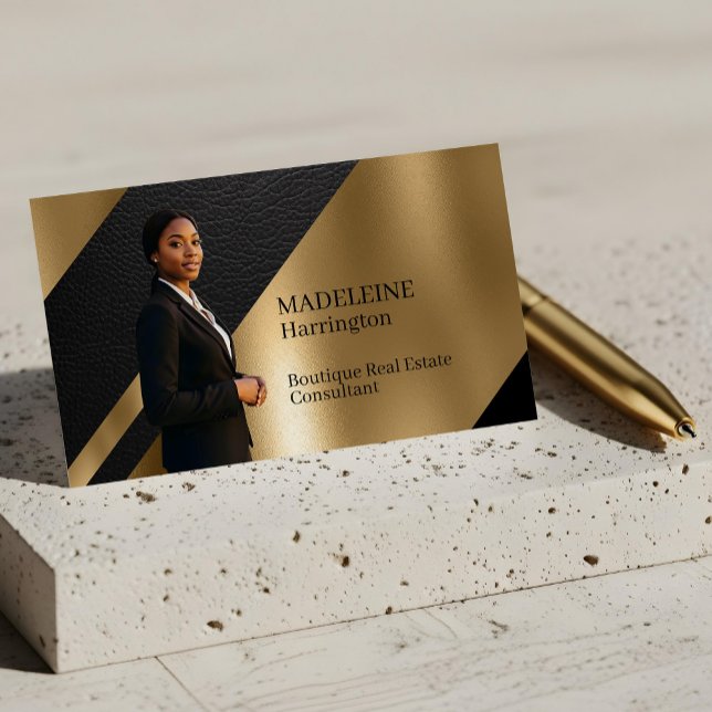 Luxury Real Estate Black & Gold Black Leather Luxe Visitenkarte (Luxury Real Estate Black & Gold Black Leather Luxe Business Card)