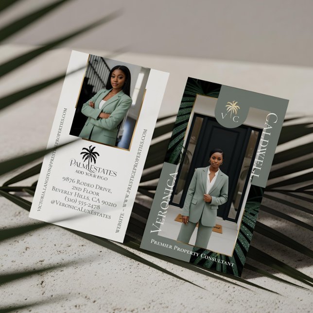 Luxury Real Estate Firm Palm Tree Monogram Photo Visitenkarte (Elegant Luxury Tropical Palm Tree Monogram Photo Business Card)