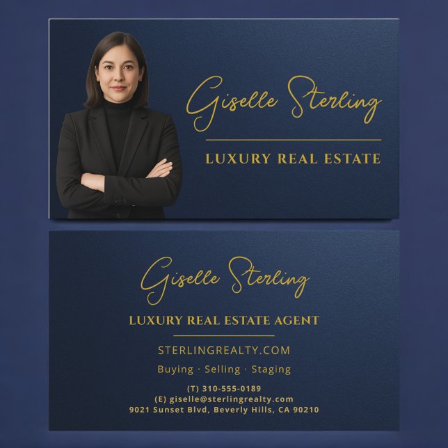 Luxury Real Estate Navy Blue Gold Metallic Visitenkarte (Von Creator hochgeladen)
