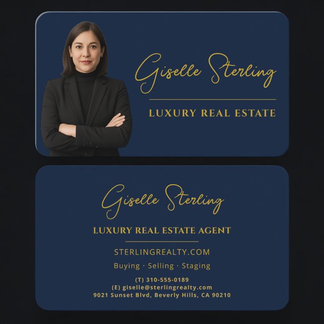 Luxury Real Estate Navy Blue Gold Script  Visitenkarte (Von Creator hochgeladen)