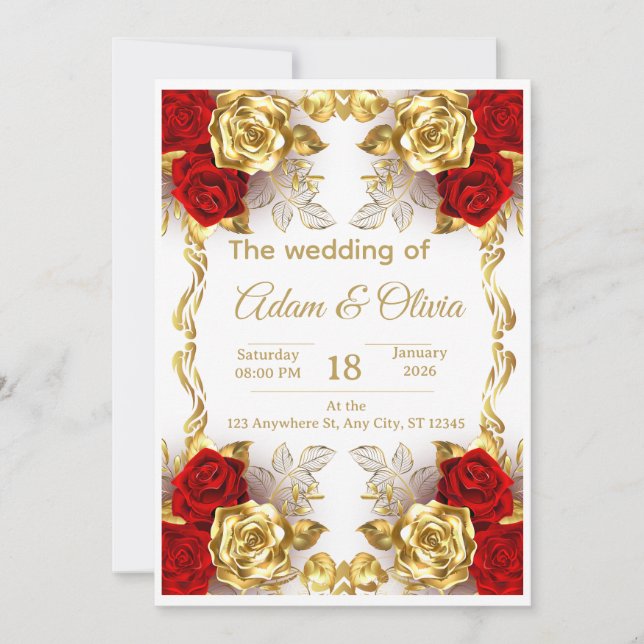Luxury Red and Gold Floral Wedding Invitation Einladung (Vorderseite)
