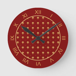 Luxury Red and Gold Vintage Damask Pattern Runde Wanduhr