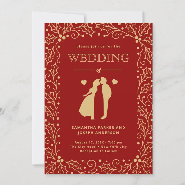 Luxury Red & Antique-Gold Wedding Einladung (Vorderseite)