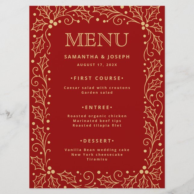 Luxury Red & Antique-Gold Wedding Menu Card (Devant)