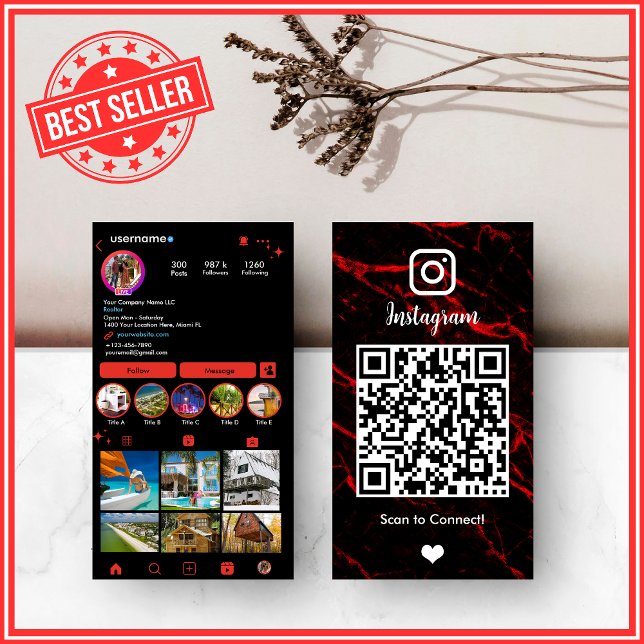 LUXURY Red & Black Instagram Marble Agate QR Visitenkarte (Von Creator hochgeladen)