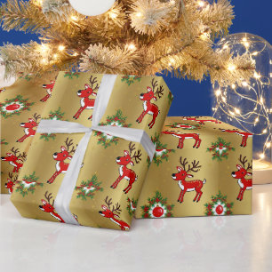 Luxury Red Deer Moose Gold Snow Merry Xmas Muster Geschenkpapier