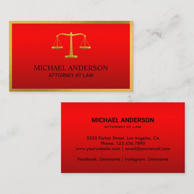 Luxury Red Lawyer Scales of Justice Gold Effekt Visitenkarte (Vorne/Hinten)