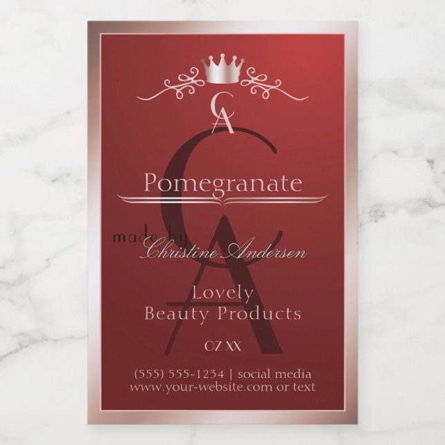 Luxury Red Product Label Rose Gold Frame Monogram Lebensmitteletikett (Einzelnes Label)
