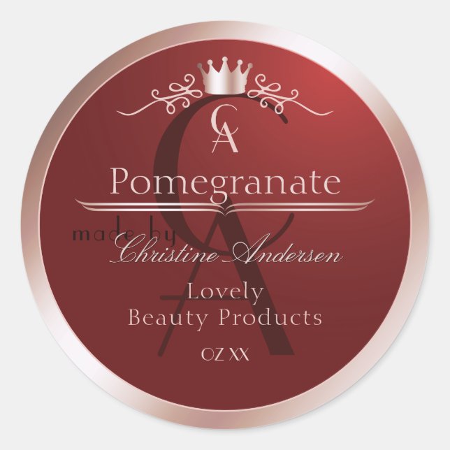 Luxury Red Product Label Rose Gold Frame Monogram Runder Aufkleber (Vorderseite)