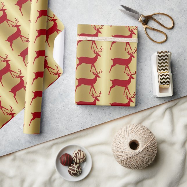 Luxury Red Rentier Elche Gold Merry Xmas Muster Geschenkpapier (Kunsthandwerk)