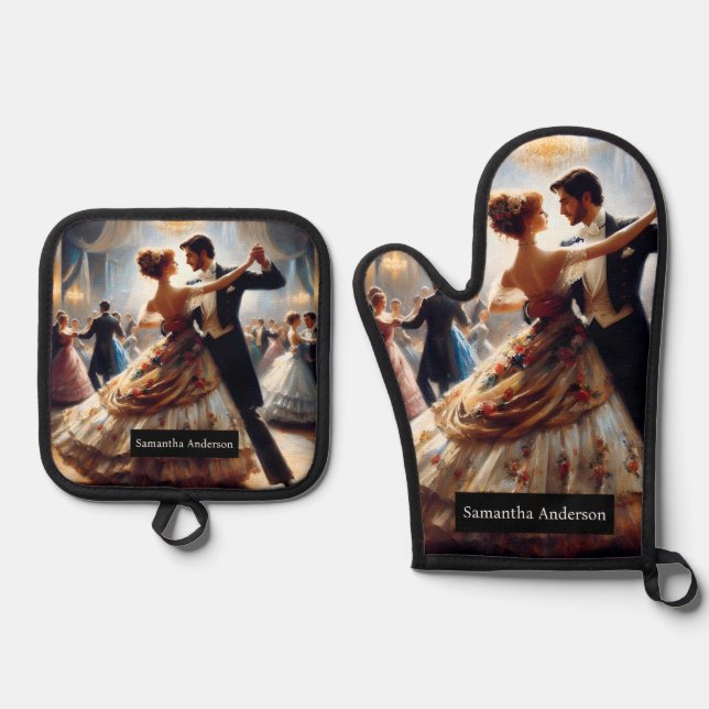 Luxury Retro Kitchen: Couple Dancing Pot Holders Ofenhandschuh & Topflappen-Set (Vorderseite)