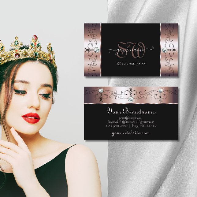 Luxury Rose Gold Black Squiggled Jewels Monogram Visitenkarte (Von Creator hochgeladen)