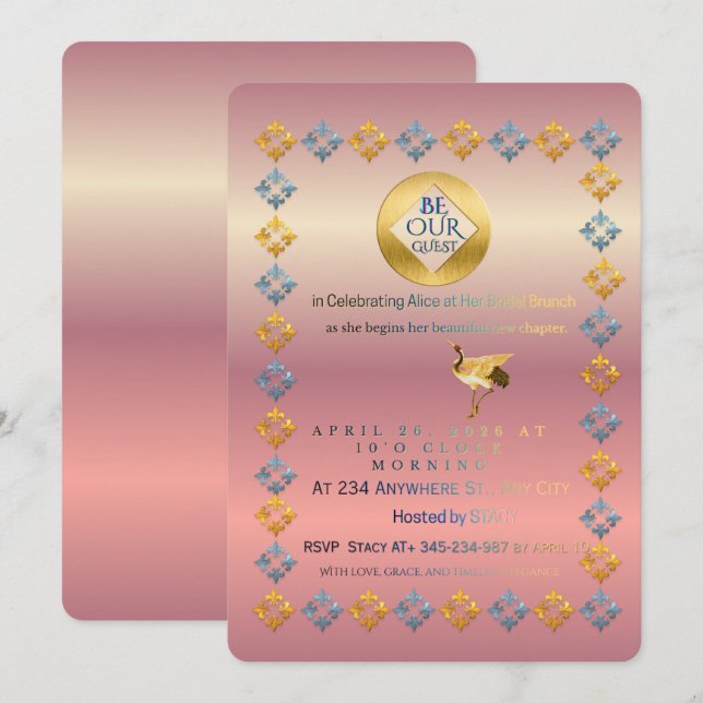 Luxury Rose Gold Bridal Brunch Invitation - Glamor (Devant / Derrière)
