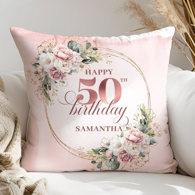 Luxury Rose Gold Floral Greenery 50th Birthday  Kissen (Luxury Rose Gold Floral Greenery 50th Birthday Pillow Gift)
