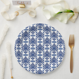 Luxury Royal Blue and White Baroque Floral Pattern Pappteller