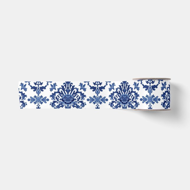 Luxury Royal Blue and White Baroque Floral Pattern Satinband (Vorderseite)