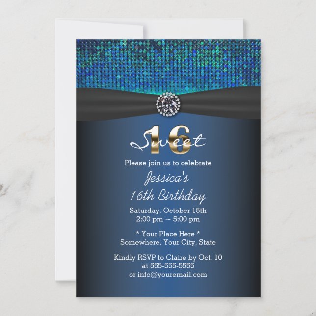 Luxury Royal Blue Black Ribbon Sweet 16 Einladung (Vorderseite)