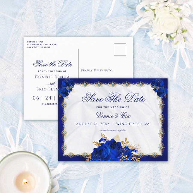 Luxury Royal Blue Gold Floral Rose Hochzeit Ankündigungspostkarte (Von Creator hochgeladen)