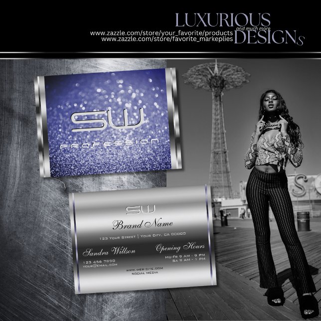 Luxury Royal Blue Sparkle Glitzer Monogram Silver Visitenkarte (Von Creator hochgeladen)