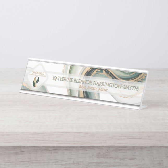 Luxury Sage Gold Marble Sleek Realtor Office Logo  Schreibtischnamensplakette (Vorderseite )