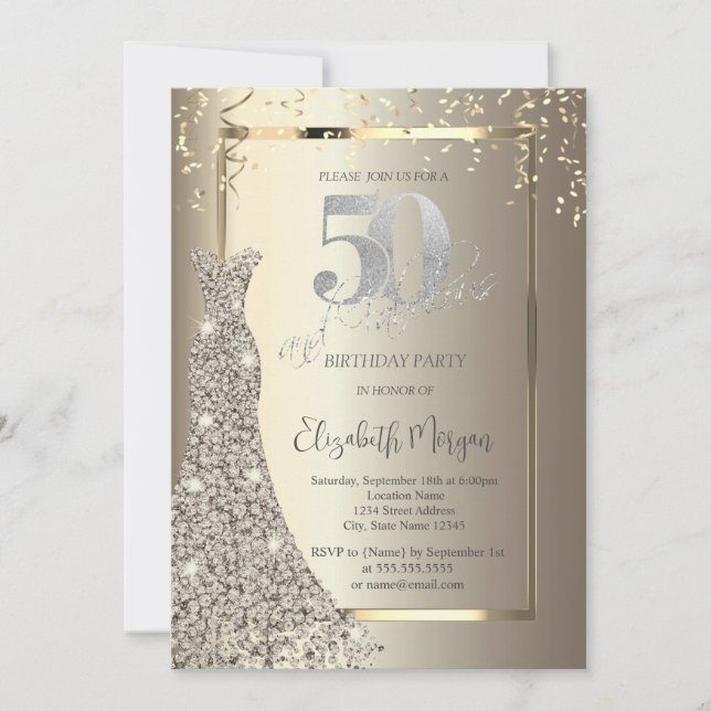 Luxury Shiny Diamonds Dress Gold 50th Birthday Einladung (Vorderseite)