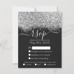 Luxury Silver Black Glitzer Confetti Wedding RSVP Karte