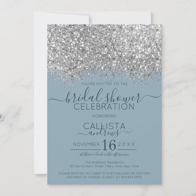 Luxury Silver Blue Glitzer Confetti Brautparty Einladung (Vorderseite)