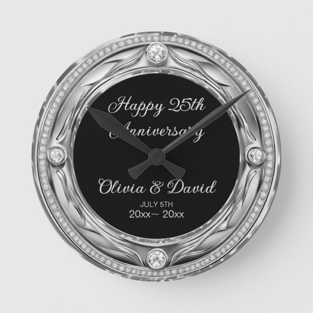 Luxury Silver Diamonds Wedding Jubiläum Runde Wanduhr (Vorderseite)