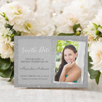 Luxury Silver Glitzer Sweet 16 Save the Date