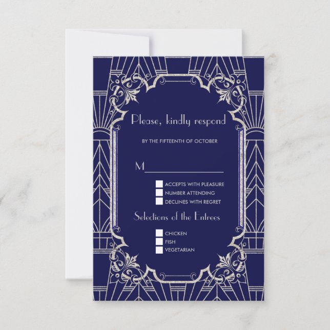 Luxury Silver Navy Blue Great 20s Wedding RSVP Karte (Vorderseite)