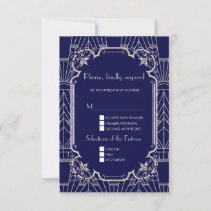 Luxury Silver Navy Blue Great 20s Wedding RSVP Karte