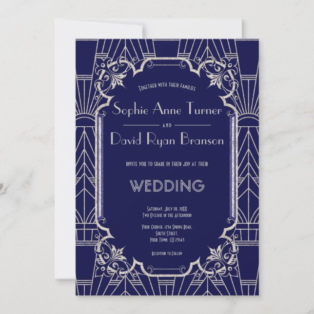 Luxury Silver Navy Blue Great Gatsby 20s Hochzeit Einladung (Vorderseite)