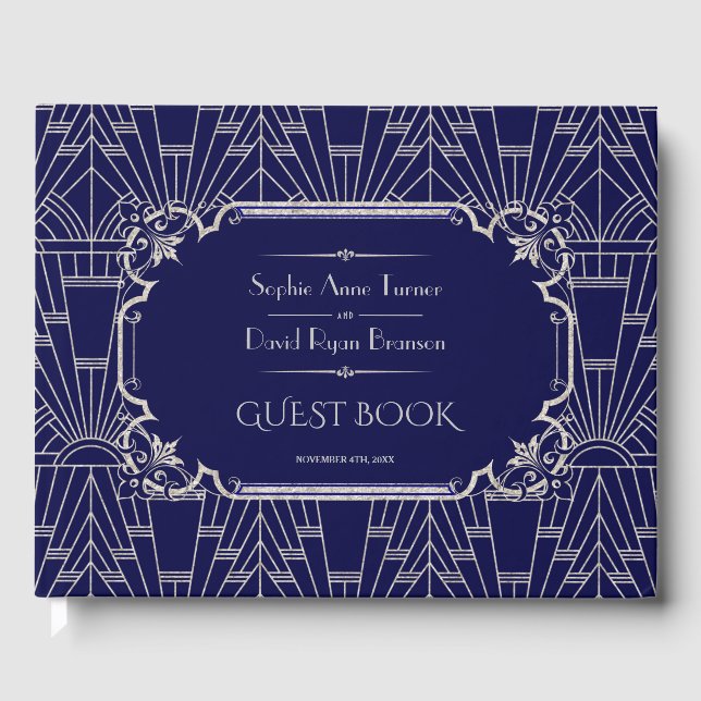 Luxury Silver Navy Blue Great Gatsby 20s Hochzeit Gästebuch (Vorderseite)