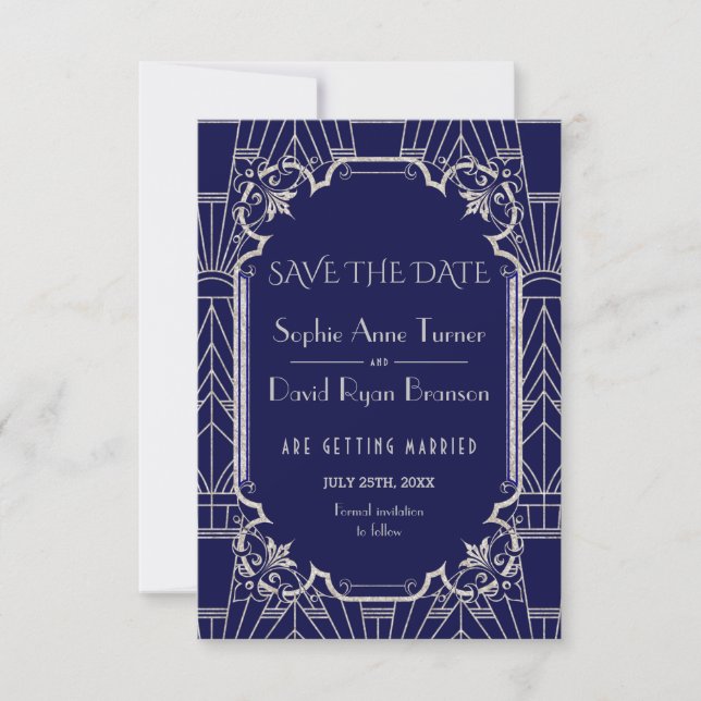 Luxury Silver Navy Blue Great Gatsby 20s Hochzeit Save The Date (Vorderseite)