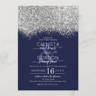 Luxury Silver Navy Glitzer Confetti Wedding Einladung