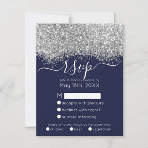 Luxury Silver Navy Glitzer Confetti Wedding RSVP Karte