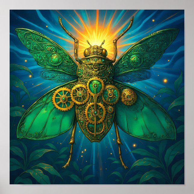Luxury Steampunk Art: Gilded Emerald Insect Poster (Vorne)