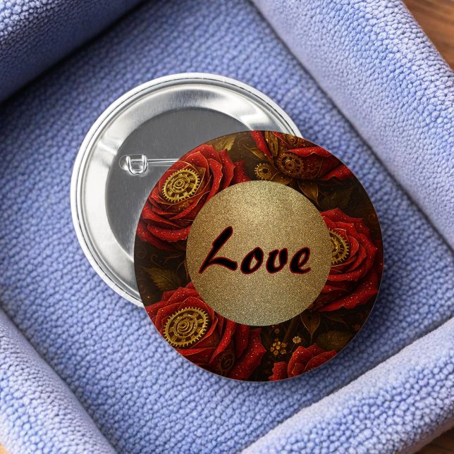 Luxury Steampunk Roses Romantic Gold Gears Button (Von Creator hochgeladen)