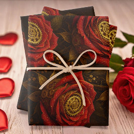 Luxury Steampunk Roses Romantic Gold Gears Geschenkpapier Set