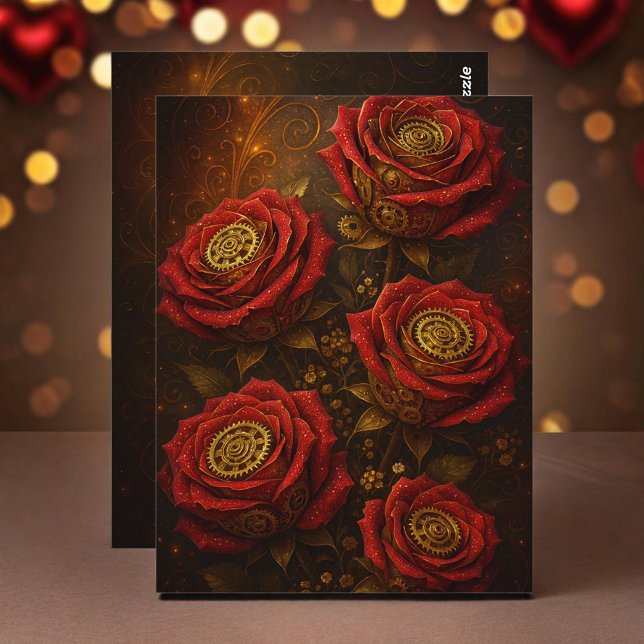 Luxury Steampunk Roses Romantic Gold Gears Postkarte (Von Creator hochgeladen)