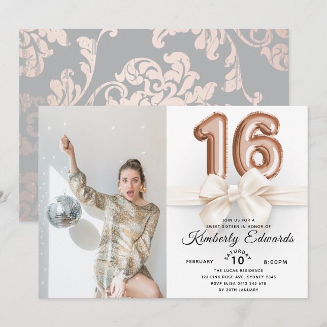 Luxury Sweet 16 Rose Gold Balloons Foto Einladung (Vorne/Hinten)