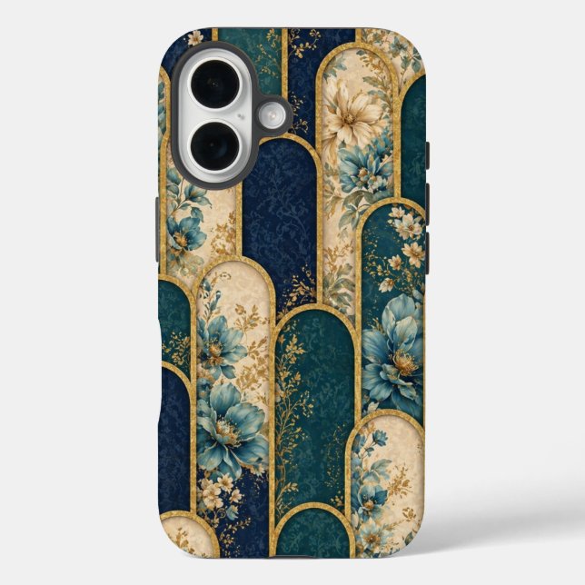 Luxury Teal & Gold Floral Pattern iPhone Case (Rückseite)