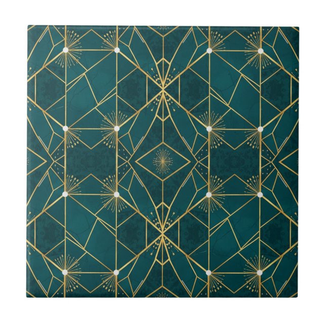 Luxury Teal & Gold Symmetrical Geometric Seamless  Fliese (Vorderseite)