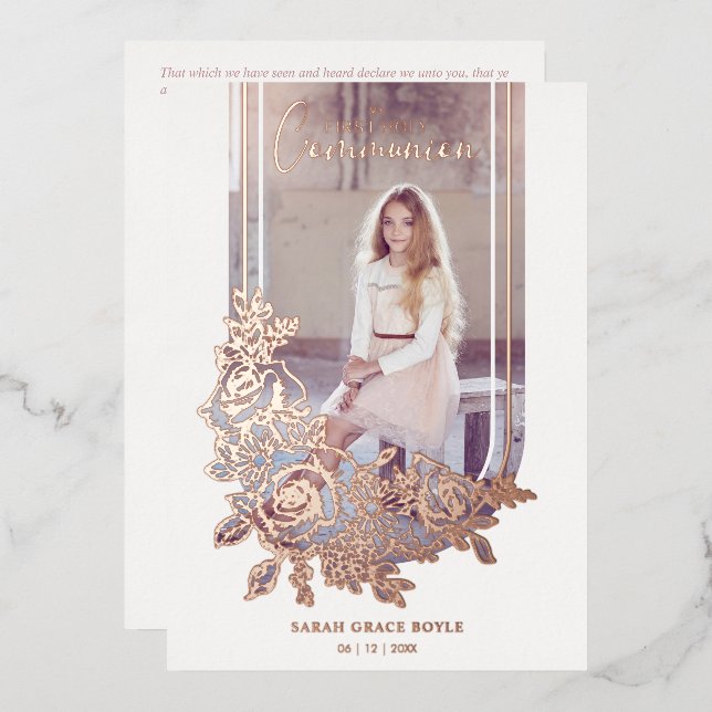 Luxury Trendy Floral My First Holy Communion Photo Folieneinladung (Vorderseite/Rückseite)
