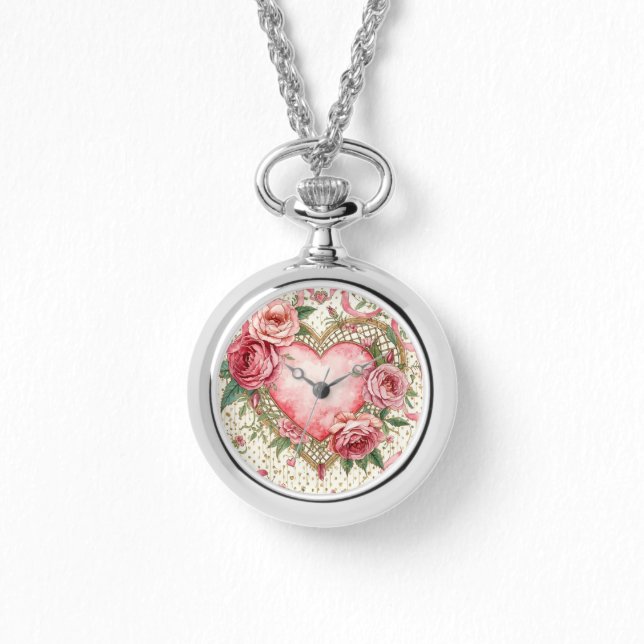 Luxury, Valentine Day ,Love Pink Heart and Flowers Armbanduhr (Vorderseite)