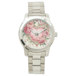 Luxury, Valentine Day ,Love Pink Heart and Flowers Armbanduhr
