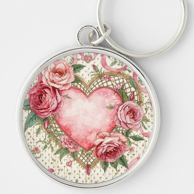 Luxury, Valentine Day ,Love Pink Heart and Flowers Schlüsselanhänger (Vorne)