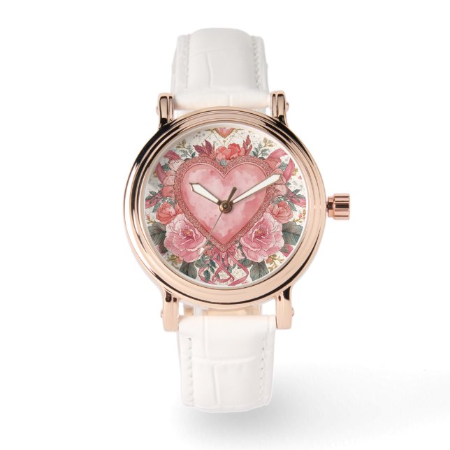 Luxury,Valentine, Love Pink Heart ,Flowers Pattern Armbanduhr (Vorderseite)