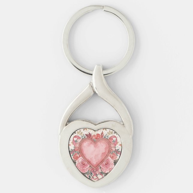 Luxury,Valentine, Love Pink Heart ,Flowers Pattern Schlüsselanhänger (Vorderseite)