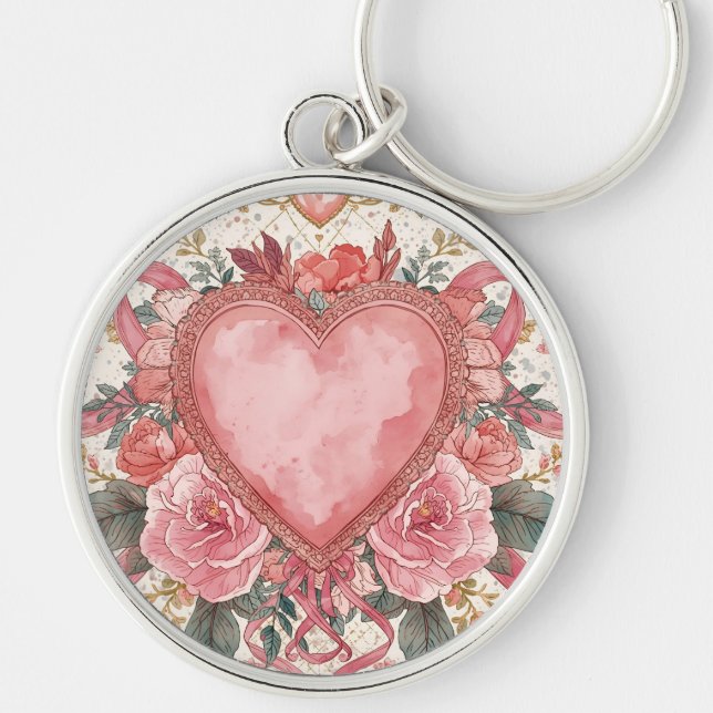 Luxury,Valentine, Love Pink Heart ,Flowers Pattern Schlüsselanhänger (Vorne)